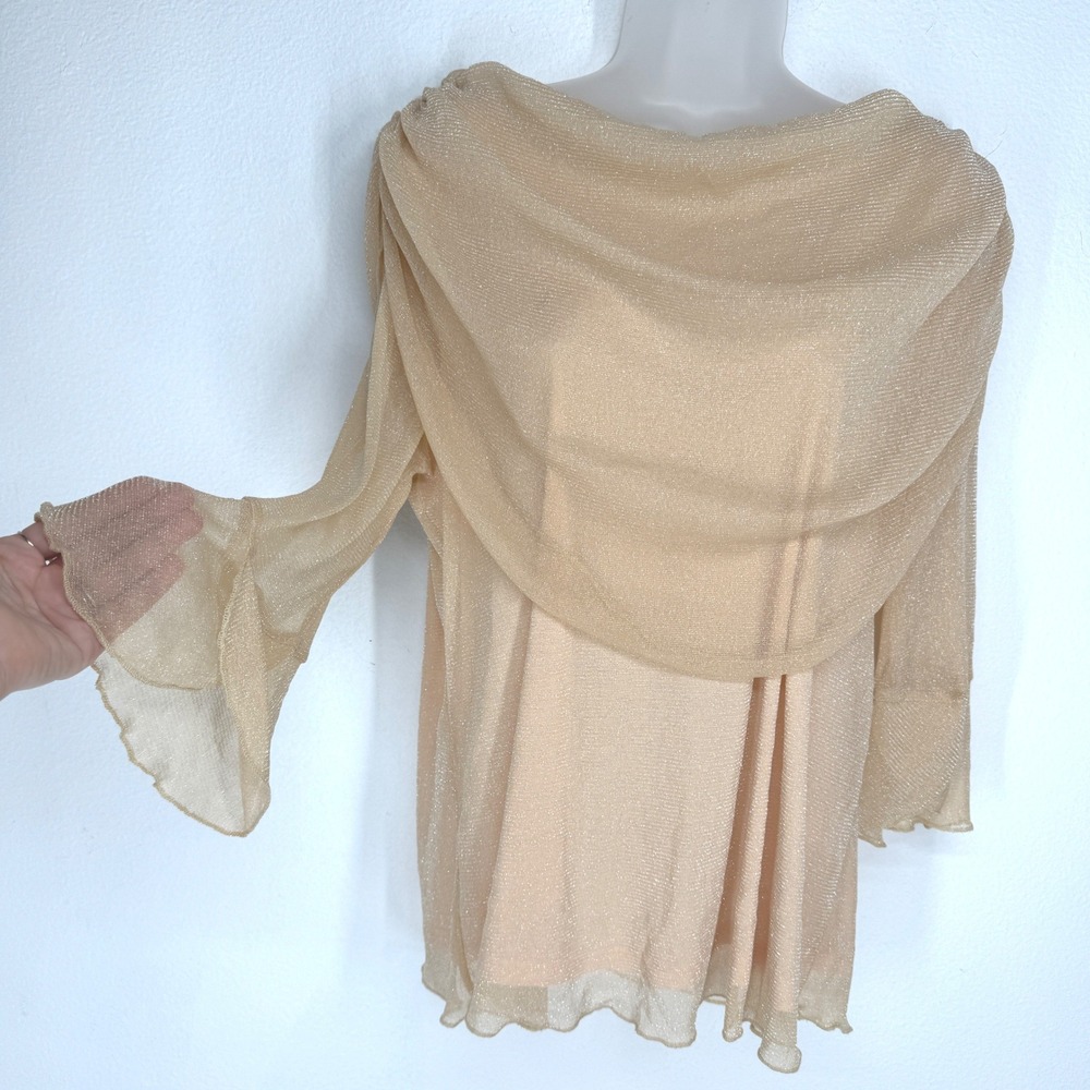 Lotusmile Gold Shimmer Cowl Neck Bell Sleeve Size XL Metallic NEW Top Fairy